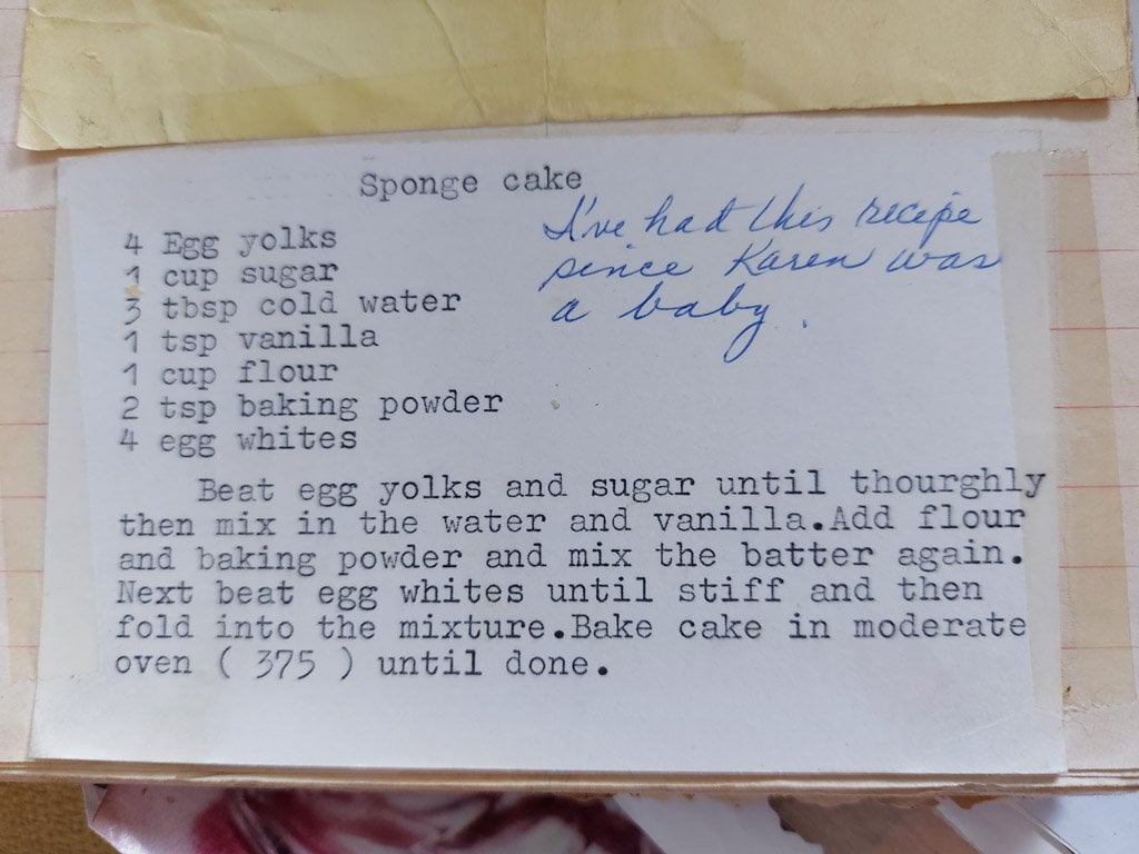 A typed out recipe for sponge cake