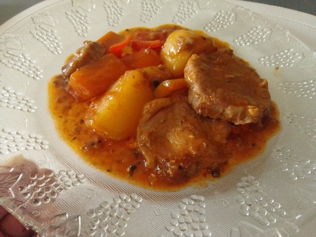 A bowl of homemade Filipino mechado.